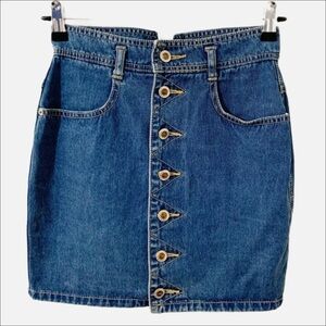 Ally Garment Huo Ban Button Front Medium Wash Mini Denim Jean Skirt Pockets 🟦